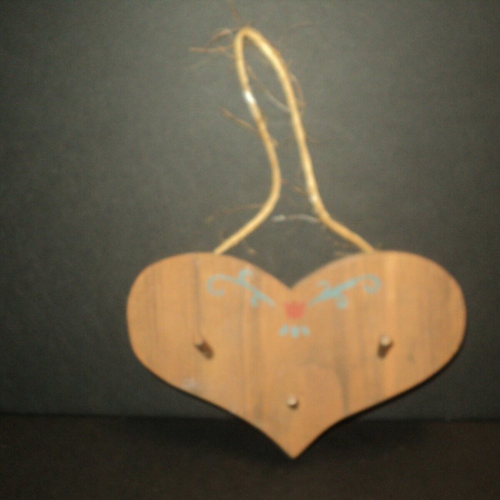 Wooden Heart-Shaped Key Holder with Twine Hanger Country Theme 7" x 4 1/4"